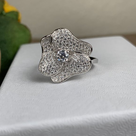 NEW Size 8 Real Silver (not plated) & Pave CZ Flower Ring - Picture 11 of 11